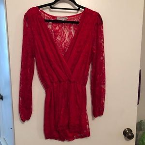 Red Lace Long Sleeve Romper